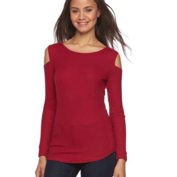 Maroon Red Ribbed Cold Shoulder Top NEW W OUT TAGS - Picture 1 of 8
